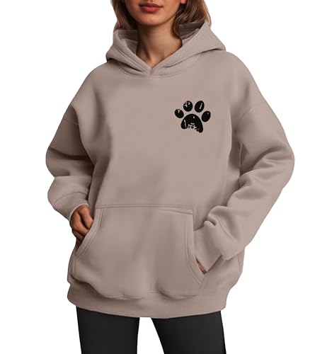 Womens Dog Paw Hoodie-Long Sleeve Pullover Fleece Lined Dog Mom Sweatshirts with Pocket - color: B-grey Brown, size: Medium