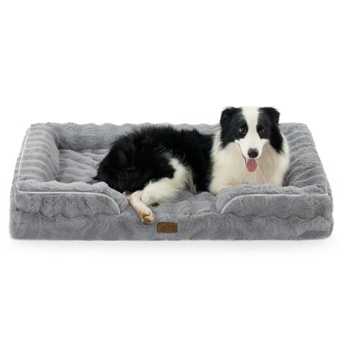 COZY KISS Orthopedic Dog Bed for Extra Large Dog 44x32 inch, XL Faux Fur Pet Sofa, Bolster Foam Bed with Sides, Non-Slip and Egg-Crate Big Dog Couch Bed with Washable Removable Cover, Grey - color: Grey, size: 44x32x7 inch