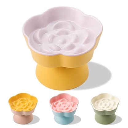 Tilted Cat Bowl, Flower-Shaped Ceramic Slow Feeder Cat Bowl, Raised Pet Bowl for Whisker Relief, Prevents Vomiting & Bloating, Non-Slip Base, Easy to Clean for Dry/Wet Food (Lavender & Yellow) - color: Lavender & Yellow