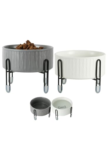 32 oz Ceramic Dog Cat Bowls with Elevated Metal Stand, 2 Heights Elevated, 6.5 Inch Ceramic Round Pet Food and Water Feeder Bowl Dish for Cats & Dogs, White & Grey - color: White & Grey