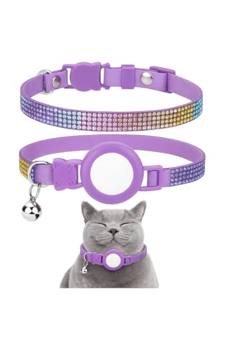 Sparkly Bling Rainbow Crystal Cat Collar with Bell and AirTag Holder, Adjustable Safety Buckle, Black (Black) (Purple) - color: Purple