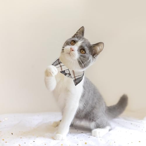 ADOGGYGO Cat Collar Breakaway with Bowtie Bell, Removable Shirt Collar, 2 Pack Beige Blue Plaid Collars for Cat Kitten - color: Beige&Blue-3