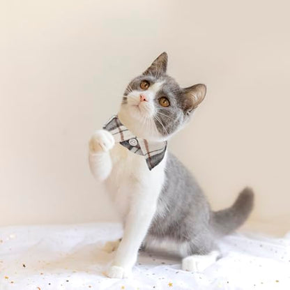 ADOGGYGO Cat Collar Breakaway with Bowtie Bell, Removable Shirt Collar, 2 Pack Beige Blue Plaid Collars for Cat Kitten - color: Beige&Blue-3