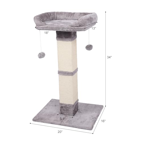 34" Tall Cat Scratching Post with Bed, Sisal Scratch Posts Trees with Plush Perch and Hanging Ball for Indoor Cats, Removable Cover, Large Scratch Post and Base, Rugged and Durable, Light Grey - color: Light grey