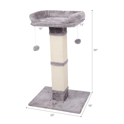 34" Tall Cat Scratching Post with Bed, Sisal Scratch Posts Trees with Plush Perch and Hanging Ball for Indoor Cats, Removable Cover, Large Scratch Post and Base, Rugged and Durable, Light Grey - color: Light grey