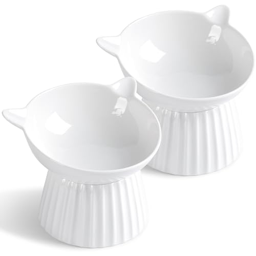 Ceramic Raised Cat Bowl，Tilted Raised Bowl Anti Vomit for Indoor Cats Whisker Friendly Pet Feeder for Cats Puppies, Microwave and Dishwasher Safe (White-2 Pack) - color: White-2 Pack