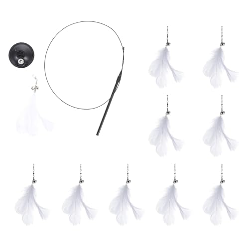 Outanaya Interactive Cat Teasing Stick with Suction Cup Base Feather Cat Wand with Bell 10pcs Set with 10 Replacement Heads