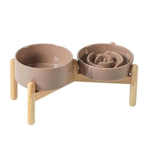 Havniva 6.1” Raised Slow Feeder Dog Bowls Set, 0.9 Cups Ceramic Slow Feeder Dog Bowl and 6.1” Dog Water Bowl with Elevated Wooden Stand Puzzle Dog Food Bowl for Small Dogs Anti-Gulping & Anti-Choking - color: 2 x Brown Coffee+Stand-A, size: 6.1inch-New