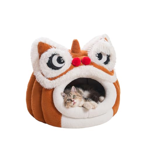 Cat House - Indoor Bed with Removable Foam Cushion - Cute Lion Design Pet Tent for Puppies, Rabbits, Kitten, Small Dogs, Anti-Slip Bottom (Brown,Large) - color: Brown, size: Large