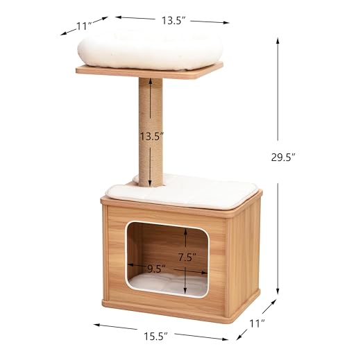 Catry 29.7" Tall 3 Level Laminated Wood Cat Tree with Large Base Condo, 2 Paded Steps, Natural Jute Scratching Post, Sturdy and Easy to Assemble for Small Cat, Brown - color: Brown