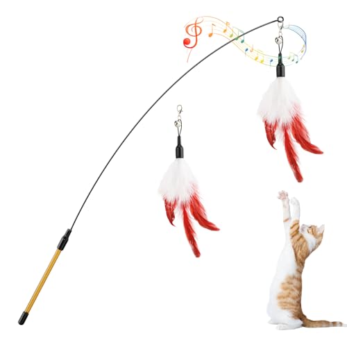 Pawaboo Feather Teaser Cat Toy - Interactive Wand with Extra Long 34.5" Wand and Small Bell, Exerciser Playing Toy for Kittens or Cats, Wine Red & White Feather - color: Wine Red & White