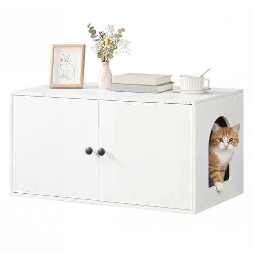 HOOBRO Cat Litter Box Enclosure, Hidden Litter Box Furniture with Side Entry, Litter Box Cabinet, Indoor Cat House, End Side Table, 31.5"L x 17.7"W x 16.3"H, for Living Room, Bathroom, White WT40MW01 - color: White