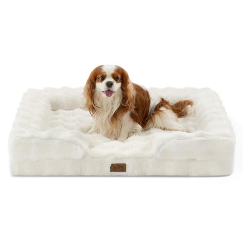 COZY KISS Orthopedic Dog Bed for Large Medium Size Dog, Soft and Warm Faux Fur Sofa for Pet Up to 75 lbs, Foam Bolster Anti-Slip Couch with Washable Removable Cover, L 36x27x6.5 inch, Beige - color: Beige, size: 36x27x6.5 inch