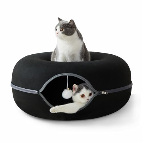 Peekaboo Cat Tunnel for Large Cats up to 30 lbs, Features A Jingle Ball, Removable and Washable Tunnel Bed, and a Cozy Donut Tunnel (Black, 24 Inches) - color: Black
