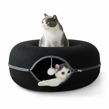 Peekaboo Cat Tunnel for Large Cats up to 30 lbs, Features A Jingle Ball, Removable and Washable Tunnel Bed, and a Cozy Donut Tunnel (Black, 24 Inches) - color: Black
