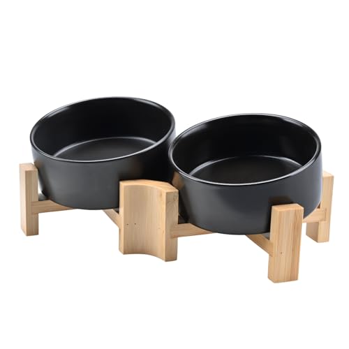 SPUNKYJUNKY 15° Slanted Ceramic Dog Bowl with Elevated Bamboo Stand - Tilted Pet Feeder for French Bulldog Pugs No Slip Anti-Vomiting for Cat Small Dog Flat Face Pets 13.5 OZ (1.7 Cups, Black × 2) - color: Black, size: 1.7 CUPS × 2