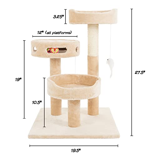 Cat Tree - 3-Tier Tall Cat Tower Condo with 2 Napping Perches, Sisal Rope Scratching Post, Hanging Mouse and Interactive Wheel Toy by PETMAKER (Beige), 27.5" - color: Beige