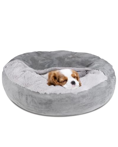 Pet Soft Small Dog Bed Cat Bed with Cover Cave - Round Calming Dog Beds Washable Cuddler Puppy Beds for Small, Medium Dogs and Cats (Grey, 24") - color: Grey, size: Small (24"x24"x8")