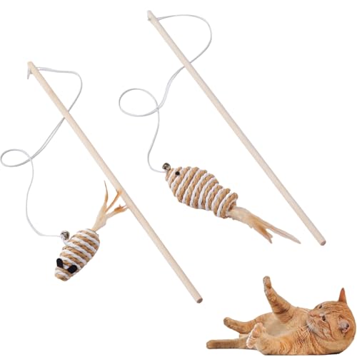 NOWFRESH Cat Wand Toy Set, 2 PCS Interactive Cat Teaser Wands with Cute Paper Mice & Paper Fish Designs, Equipped with Bells and Streamers to Captivate Your Cat’s Attention - color: Paper mice and paper fish