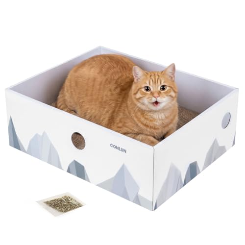 Conlun Cat Scratcher Box with 3-Layer Corrugated Pad, Heavy-Duty Double-Sided Cardboard Scratching Board & Bed, Checkered Design, for Cats,Jumbo - color: White, size: XL-17"x13.4"x6"