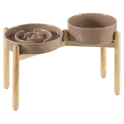 Havniva 9.5” Raised Slow Feeder Dog Bowls Set, 3.2 Cups Ceramic Slow Feeder Dog Bowl and 8.2” Dog Water Bowl with Elevated Wooden Stand Puzzle Dog Food Bowl for Large Dogs Anti-Gulping & Anti-Choking - color: 2 x Brown Coffee+Stand-A, size: 9.5inch