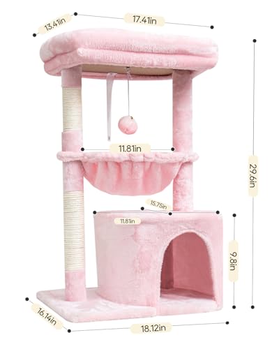 SYANDLVY Small Cat Tree for Indoor Cats, Cat Tower with Scratching Post, Modern Cat House with Padded Perch, Kittens Condo with Cradle, Cat Cave, Pink - color: Pink