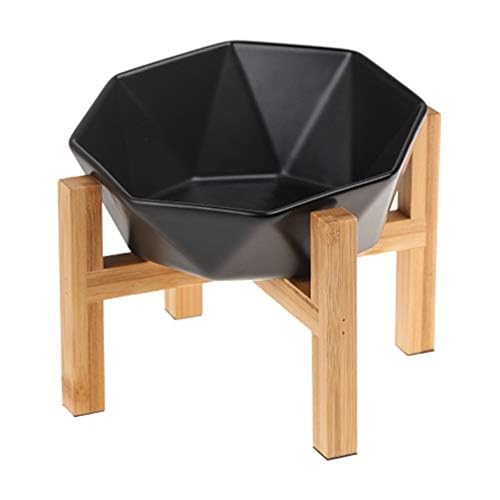 Raised Cat Bowl - Ceramic Tilted Elevated Food Bowl for Indoor Cats & Small Dogs - Shallow Wide Whisker-Friendly Design - Pet Dish Suitable for Feeding Dry, Wet, Treats & Canned Food - Black - color: Black with stand