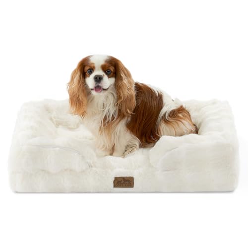 COZY KISS Orthopedic Dog Bed for Medium Small Size Dog, Soft and Warm Faux Fur Sofa for Pet Up to 40 lbs, Foam Bolster Anti-Slip Couch with Washable Removable Cover, M 30x20x6.5 inch, Beige - color: Beige, size: 30x20x6.5 inch
