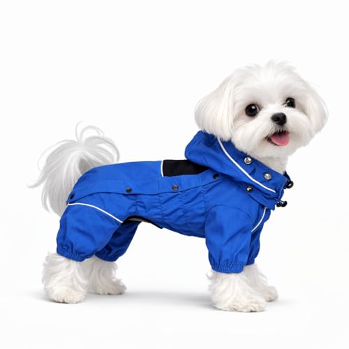 LOVELONGLONG Waterproof Dog Raincoat with Removable Hood – Outdoor Full Body Dog Jacket, Windproof Snowproof Shell Suit – All Season Pet Rain Gear Blue XS - color: Blue, size: XS (Back 10.5")