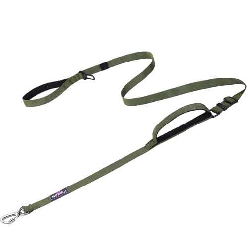 Hotsky Double Handle Dog Leash for Large Medium and Small Breed Dogs that Pull,Adjustable Nylon Heavy Duty Dog Leash with Car Seat Belt for Walking and Training,ArmyGreen,4.5-6 FT - color: No Bungee(4.5-6FT,All),Army Green, size: Standard