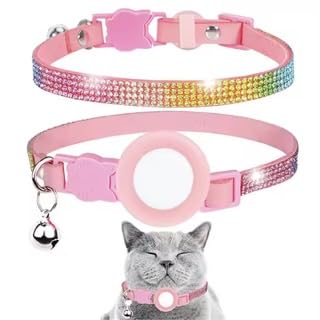 Sparkly Bling Rainbow Crystal Cat Collar with Bell and AirTag Holder, Adjustable Safety Buckle, Black (Black) (Pink) - color: Pink