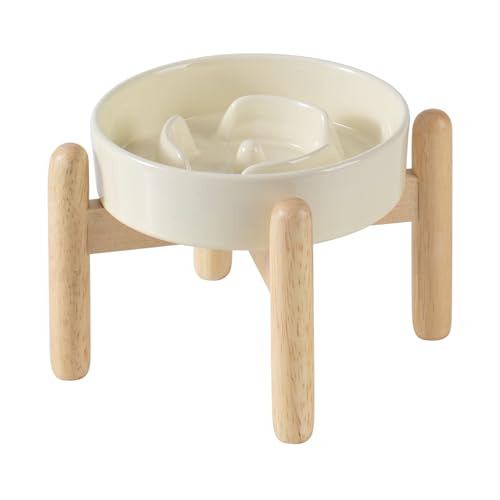 Havniva 6.1” Raised Slow Feeder Dog Bowls, 0.9 Cups Ceramic Dog Bowl Slow Feeding for Small Breed, Elevated Puzzle Dog Food Bowl with Wooden Stand Non-Slip Anti-Gulping & Anti-Choking - color: 1 x Light Yellow+Stand-A, size: 6.1inch