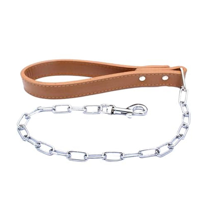 28 inch Length Heavy Duty Dog Chain Lead Leash Leather Handle for Large & Medium Size Dogs Walking,Traffic Training and Traveling (Brown) - color: Brown