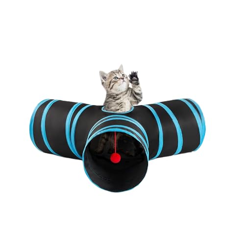 3 Way Cat Tunnel Collapsible Fun Pet Play Tube Toys for Cats, Kittens, Puppies & Rabbits - Portable Tunnel with Hanging Ball for Indoor Play, Hideout & Exercise - color: Blue Black