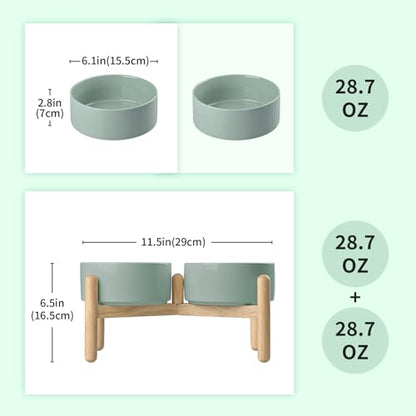 SPUNKYJUNKY Ceramics Raised Dog Bowls with Wooden Stand - Elevated Bowls for Small Medium Dogs (Double 28.7OZ, Light Green) - color: Light Green (Double Bowls Set), size: Medium - 3.6 CUPS