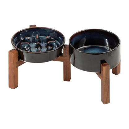 Havniva 0.9 Cup Elevated Slow Feeder Dog Bowls, 6.1” Dog Slow Feeding Bowls + 6.1” Ceramic Dog Water Bowls Set with Acacia Wood Stand, Dog Food Bowls Puzzle Feeder for Small Dogs Non-Slip Anti-choking - color: 2 x Starry Sky + Stand - C, size: S- 6.1inch