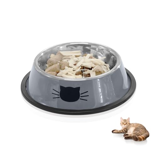 Cute Cat Bowl, Cat Face Print Non-Slip Stainless Steel Pet Food Water Bowl for Cats & Small Dogs(Gray-White) - color: Grey+White