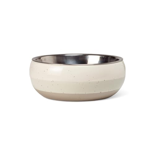 Fringe Studio Speckled Stripe Ivory Small Ceramic Pet Bowl W/Stainless Steel Bowl Insert (5" Diameter x 1.75" H, 13 fl.oz.), PetShop Collection (793SM001) - color: Speckled Stripe Ivory, size: Small