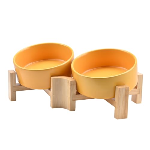 SPUNKYJUNKY 15° Slanted Ceramic Dog Bowl with Elevated Bamboo Stand - Tilted Pet Feeder for French Bulldog Pugs No Slip Anti-Vomiting for Cat Small Dog Flat Face Pets 13.5 OZ (1.7 Cups, Yellow × 2) - color: Yellow, size: 1.7 CUPS × 2