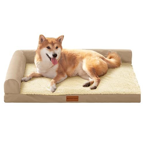 Orthopedic Dog Bed Large Sized Dog 36''X24'', Waterproof L Bolster Medium Pet Sofa Beds with Removable Washable Cover, Soft Comfortable Pet Couch Crate Mat with Nonskid Bottom, Cream - color: Cream, size: L:36x24x3.5 IN