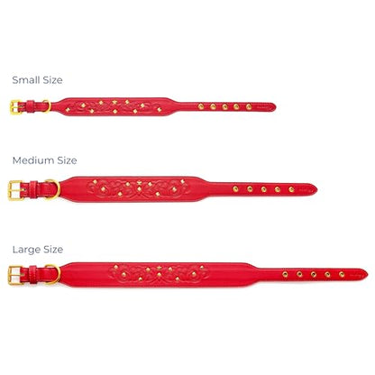 Blueberry Pet Premium Embossed Red Glam Silver-Powered Freshness Microfiber Leather Dog Collar with Gold Studs - color: Red, size: Small