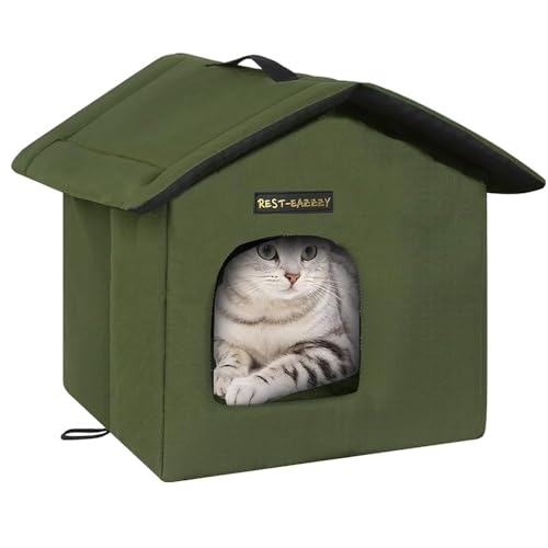 Rest-Eazzzy Cat House for Outdoor Cats, Weatherproof and Insulated Feral Cat House with Mat and Clip, Easy to Put Together, Selfwarming Cat Shelter for Summer(Olive Green, Canopy House X 1) - color: olive green, size: waterproof house-S