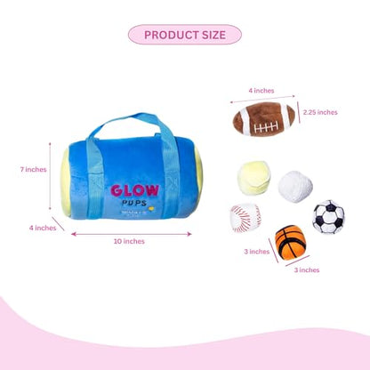 Glow Pups Dog Toy Sports Bag Hide and Seek Interactive Dog Toy with 6 Plush Squeaky Balls, Crinkle 10 Inches Long, Soft Plush, Blue and Yellow Sports Bag with Basketball, Soccer and Football - style: Sports Bag with Basketball, Soccer and Football Plush D