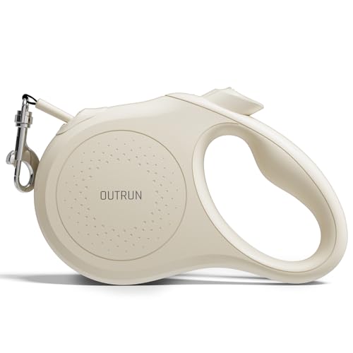 OUTRUN Retractable Dog Leash 16.5 FT Walking Leash up to 55 lb, Strong Nylon Tape No Tangle, Heavy Duty One-Handed Brake Lock Perfect for Small & Medium Sized Dogs and Pets - color: Cream White
