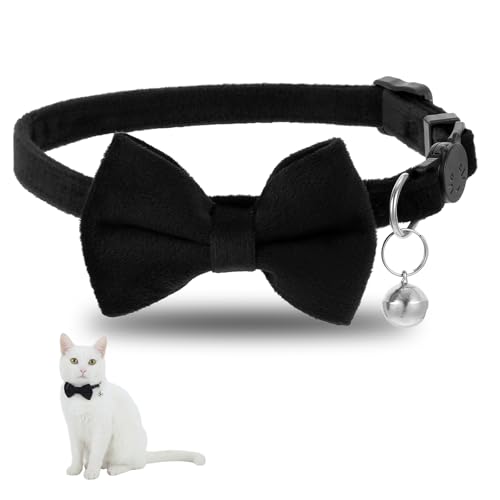 Cat Collar Breakaway Cat Bow Tie Adjustable from 7 to 11 Inches Soft Velvet Bowtie Cat Collar with Bell for Kitten Puppy Cats Wedding Costumes (Black) - color: Black