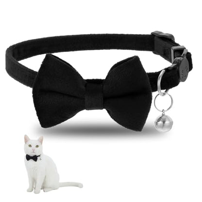 Cat Collar Breakaway Cat Bow Tie Adjustable from 7 to 11 Inches Soft Velvet Bowtie Cat Collar with Bell for Kitten Puppy Cats Wedding Costumes (Black) - color: Black