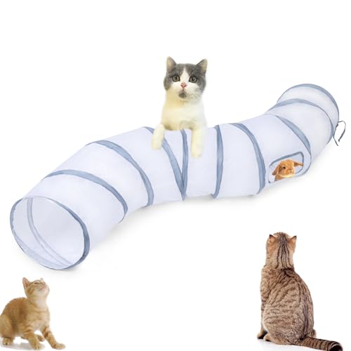 Cat Tunnel Tube Toys，Tunnels for Indoor Cats, S-Shape White Collapsible Interactive Toy with Balls for Rabbits, Kittens, Ferrets, Puppy - color: S - 2 Way White Gray