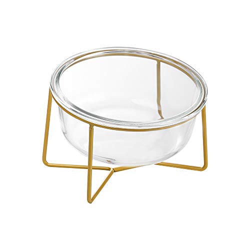 Small Glass Tilted Elevated Cat Dog Bowl Raised Cat Food Water Bowl Dish Pet Comfort Feeding Bowls with Gold Iron Stand - color: Glass, size: Small