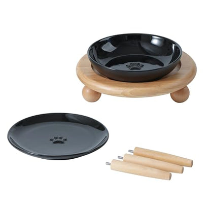 Havniva Cat Bowls Elevated 5.6” Ceramic Cat Bowl with Stand Whisker Friendly Cat Dishes, Cat Food & Water Bowl Set with Two Heights Options, Raised Cat Food Plates for Kitten Anti-Slip Pet Bowls - color: 1 Bowl+1 Shallow Dish+Stand- Black
