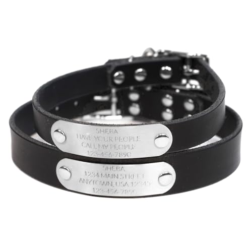 Handmade Personalized Bridle Leather Dog Collar, Engraved Stainless Steel Nameplate (Black) - color: Black
